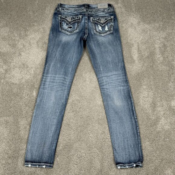 Miss Me Skinny Jeans SZ 28 Blue Denim Mid Rise Embellished Pockets Western Flap - Picture 7 of 8